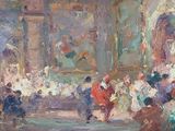 an oil painting of a group of people standing in a room