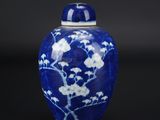 vase en porcelaine bleue et blanche orné de fleurs sur fond noir