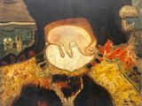 un tableau représentant un homme coiffé d'un chapeau, posé sur une table
