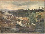 a picture of a painting of a landscape with rocks and trees