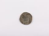 a close up of a silver coin on a white surface