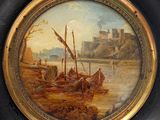 a picture of a painting of a boat on the water