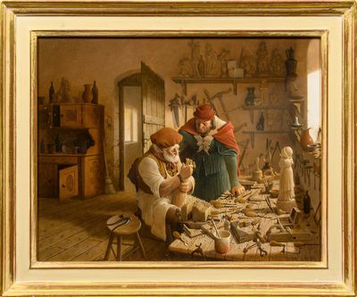 a painting of a man and a woman in a kitchen