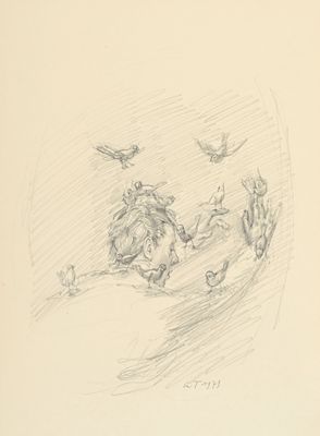 dessin représentant un chien allongé sur un lit, avec des oiseaux qui volent autour de lui