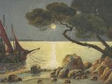 a painting of a boat on a body of water