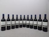 six bottles of wine are lined up in a row on a table