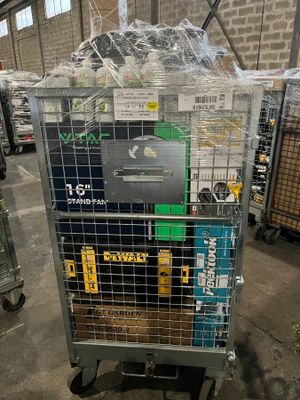 a large metal cart with many items in it