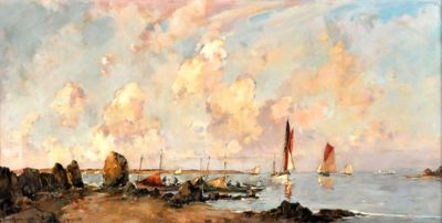 a painting of sailboats on the water by the shore