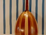 a mandolin sitting on a table in front of a blue and white striped wall