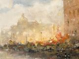 a painting of a boat on a river with buildings in the background