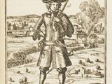 an old drawing of a man with a sword standing in a field