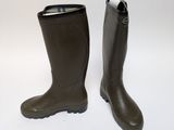 pair of brown rubber boots on a white background