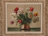 painting of a vase of tulips on a table next to a wall