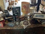 a table with many items on it in a room