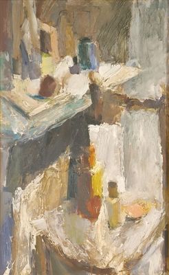 painting of a painting of a table with a bottle of wine and a plate of food
