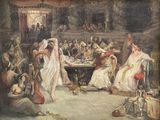 painting of a group of people sitting around a table in a room