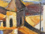 an oil painting of a view of a town with a clock tower