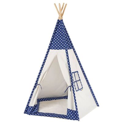 a blue and white teepee with polka dots on it