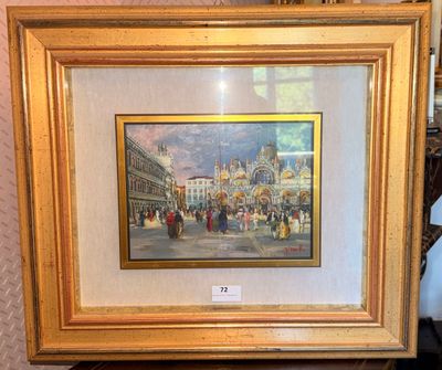 framed painting of a street scene with people and buildings in the background