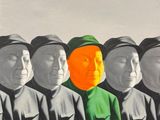 un tableau représentant un homme en costume vert et un groupe d'hommes en noir et blanc
