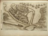an old book with a drawing of a castle on it