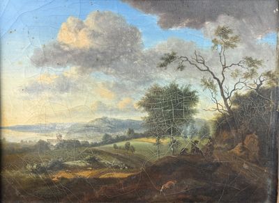 an old painting of a landscape with a man on a horse in the foreground