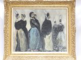 un vieux tableau représentant un groupe de femmes debout devant un fond blanc