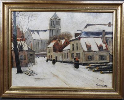 une image représentant un tableau d'une rue enneigée avec une église en arrière-plan
