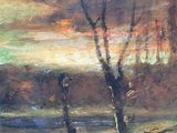 an image of a painting of a sunset over a river