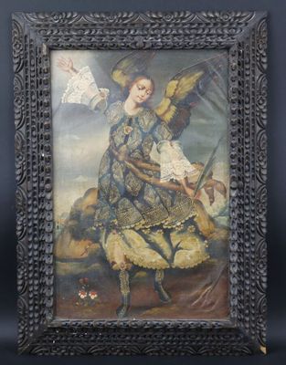 un tableau représentant une femme en robe bleue tenant un éventail