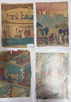 four pictures of a series of paintings of people in a building
