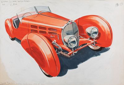 dessin représentant une vieille voiture rouge dont le capot est ouvert