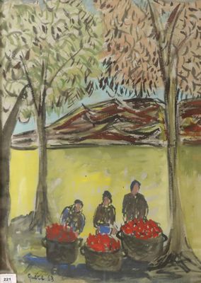tableau représentant un groupe de personnes assises sous un arbre avec des paniers de fruits