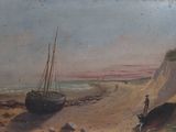 a painting of a boat on the beach by the water