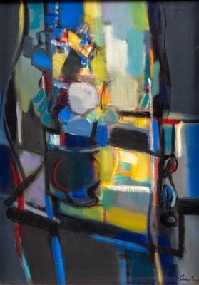 abstract painting of a woman sitting in a chair in a room