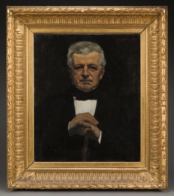 a painting of a man in a black robe holding a cane