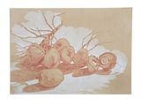 drawing of a still life of fruit and vegetables on a table