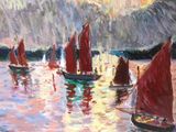 tableau représentant un groupe de voiliers naviguant sur un plan d'eau