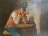 a painting of a man sitting at a table smoking a pipe