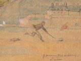 drawing of a man on a beach with a dog and a kite