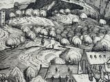 drawing of a landscape with a castle and a river in the foreground
