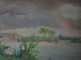 a painting of a rainbow in the sky over a body of water