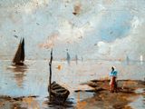 a painting of a couple of boats on the water