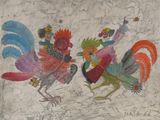 peinture représentant deux coqs aux plumes colorées sur un mur blanc