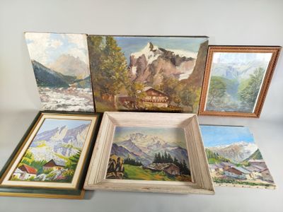 four paintings on display in a row on a table