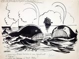 drawing of two whales in the water with a ship in the background