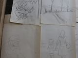 sketches of a man and a woman standing in front of a bunch of drawings