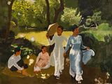 un tableau représentant un groupe de personnes dans un parc