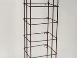 a metal display stand with a wooden top and four shelves
