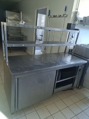 plan de travail en acier inoxydable dans une cuisine professionnelle, avec des fours en arrière-plan